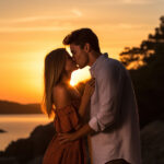 Couple sharing a kiss in front of sunset.